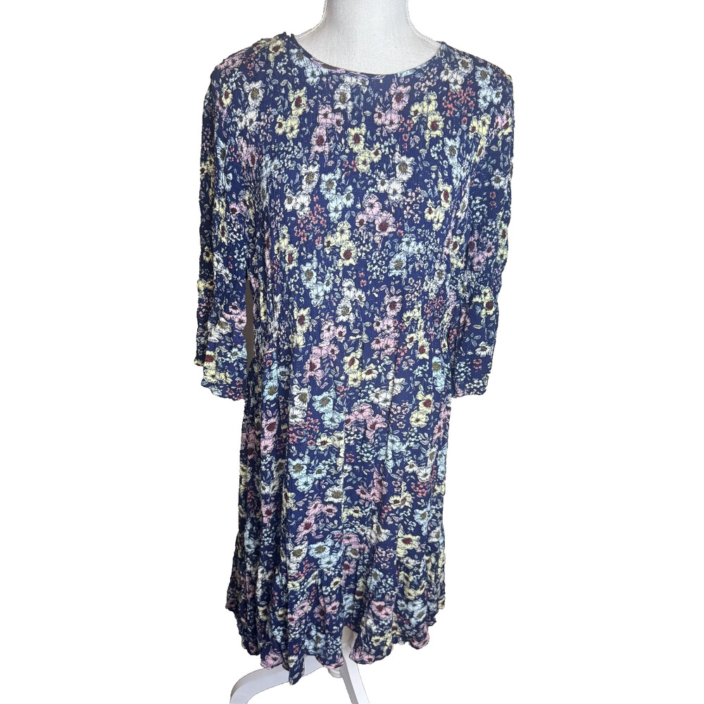A.N.A. Midi Dress Navy Blue Floral Cottagecore sz XL crinkle dark romantic boho